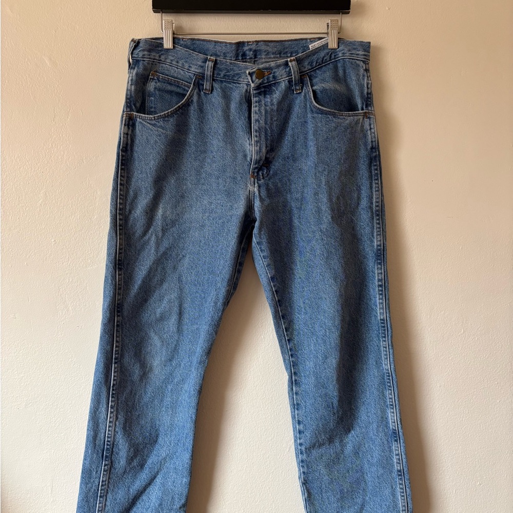 Blue Straight-Leg Jeans with Golden Stitching